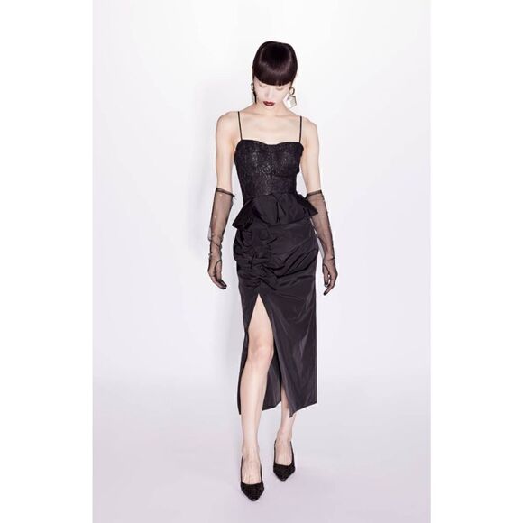 ZARA RUFFLED MIDI SKIRT BLACK - Picture 2 of 11